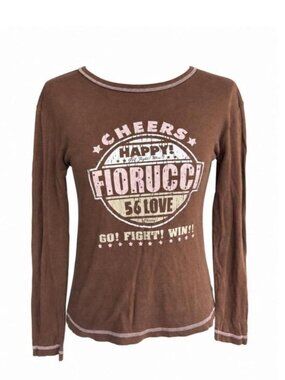 Fiorucci brown long sleeve top with white circular graphic featuring pink text